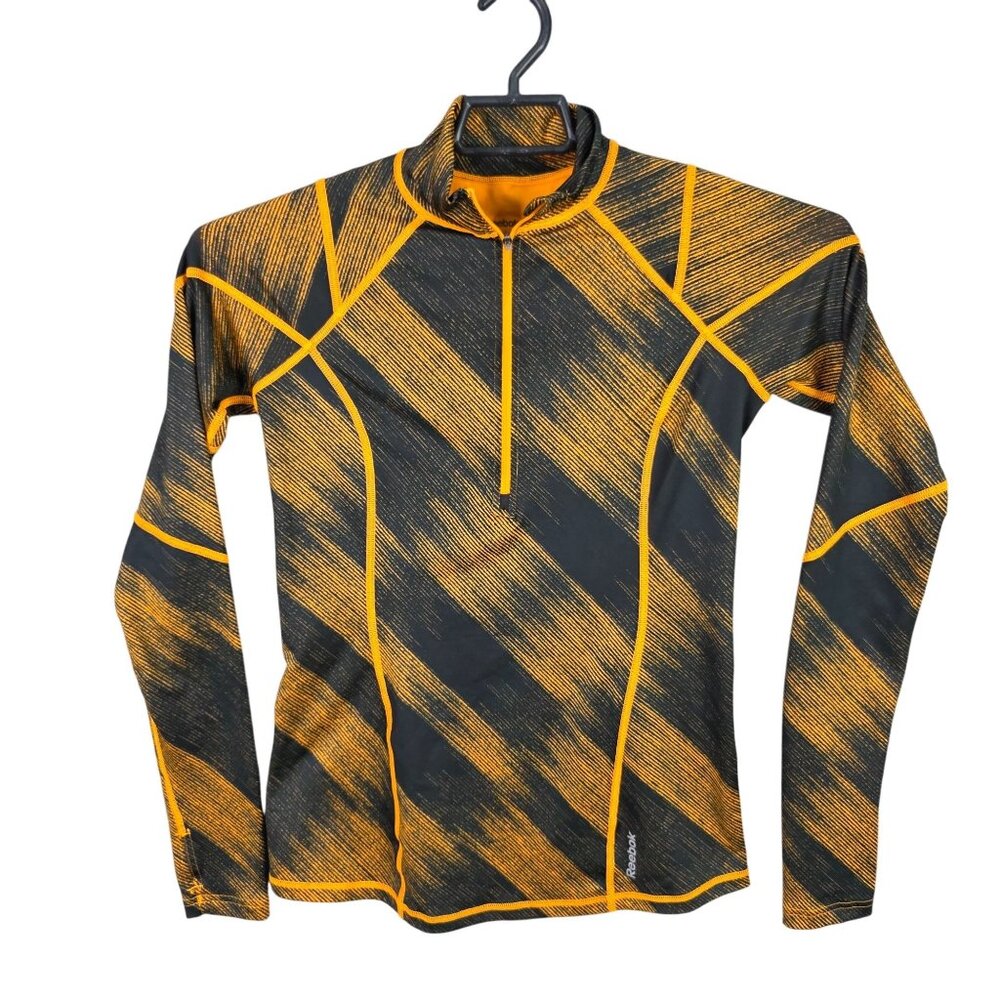 Womens Reebok Black & Orange Striped Performance Shirt 1/4 Zip Long Sleeve M